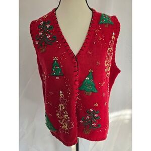 Designers Studio Originals Red Christmas Sweater Vest Embellished Beads Women 1X